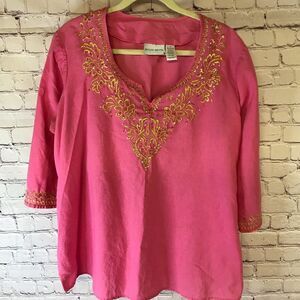 Jaclyn Smith Women’s Pink Gold Beading and Trim Linen Top Grandmillenial Size 1X